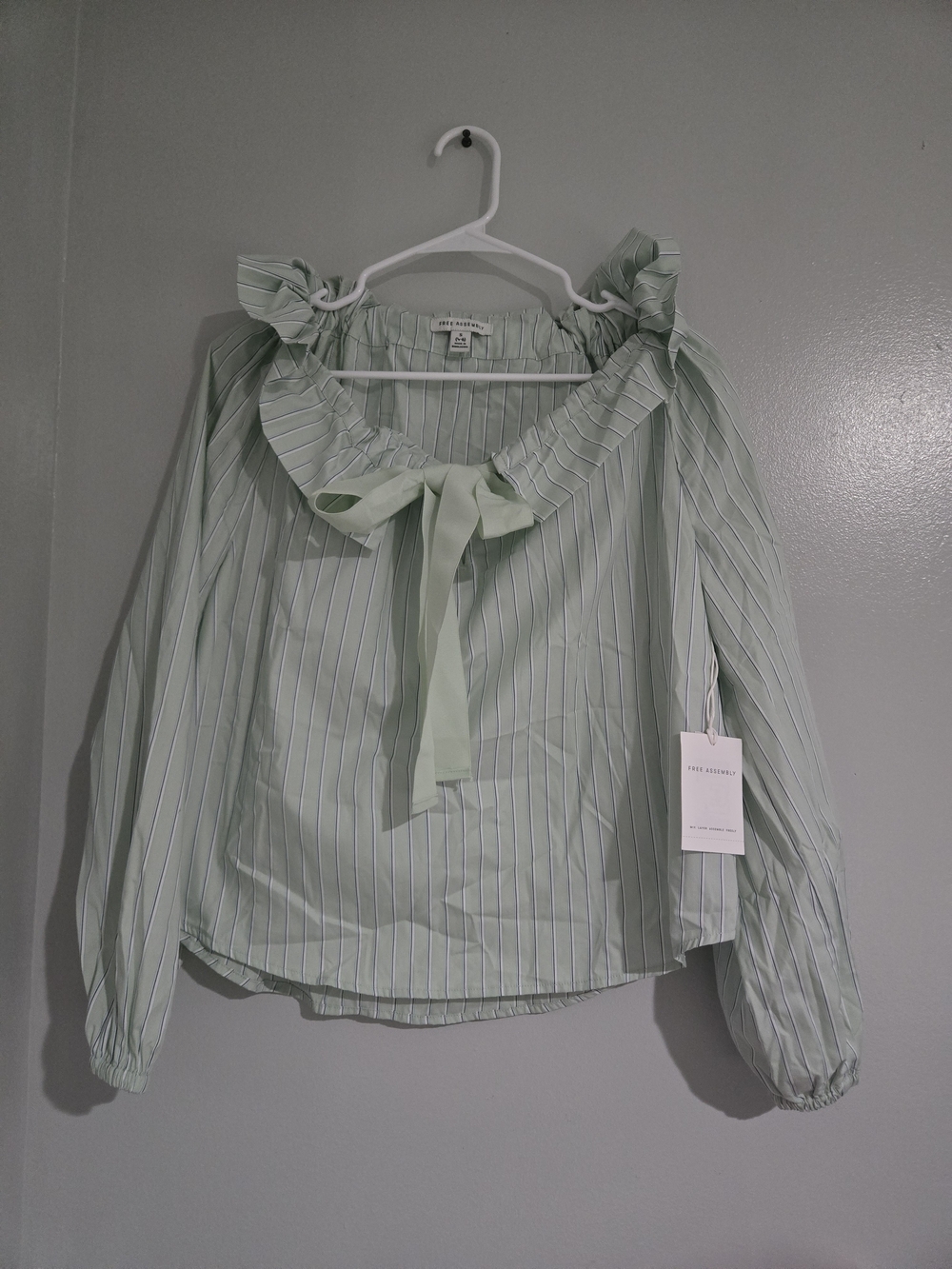 Striped Off-Shoulder Ruffle Blouse with Tie - Mint